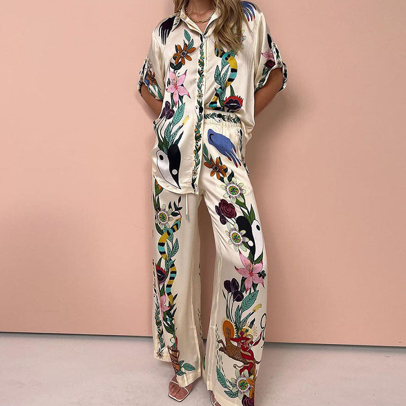 Printed Stand Collar Batwing Sleeve Loose Top with High-Waisted Wide-Leg Pant