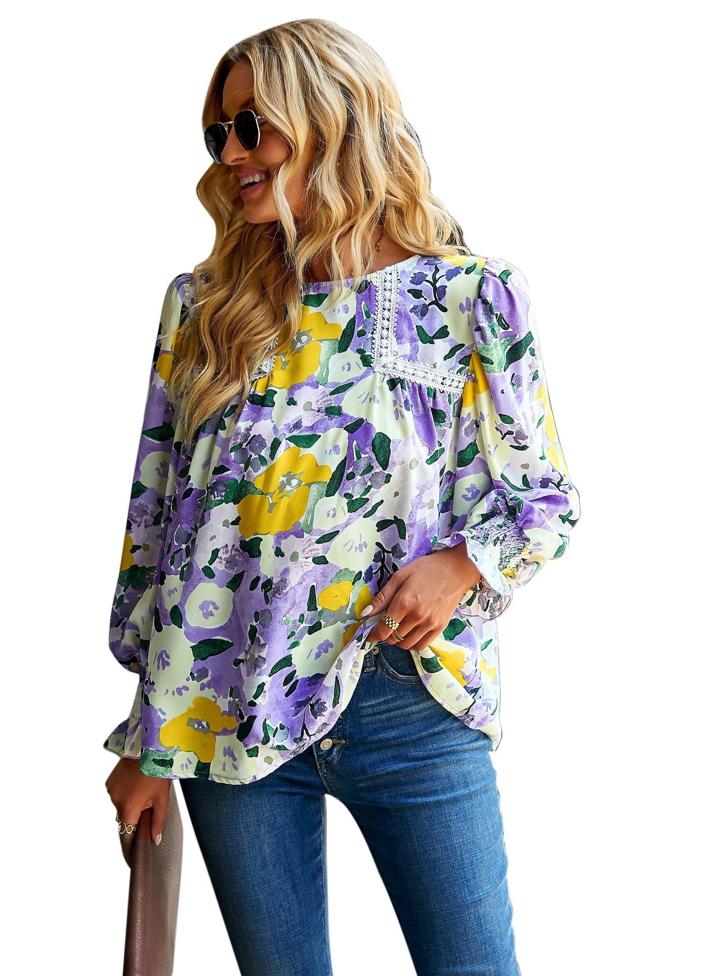 Elegant Floral Print Long Sleeves Blouses