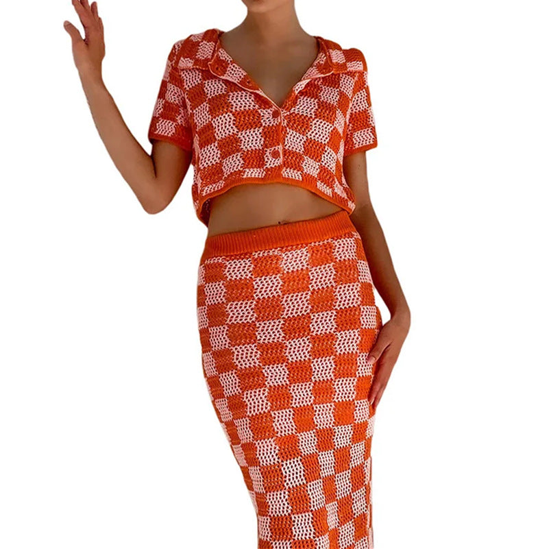 Women's Knit Crochet Lace-Up Cardigan & Skirt Set