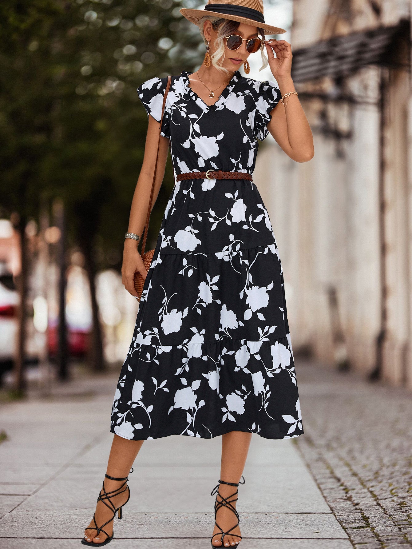 Casual V Neck Floral Print Women Dresses