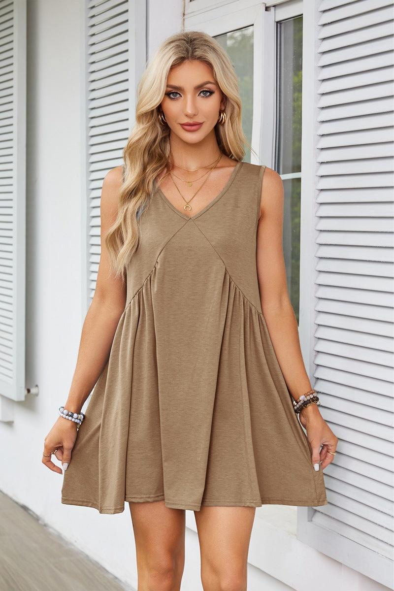V-Neck Sleeveless Pleated Vest Pocket Dress