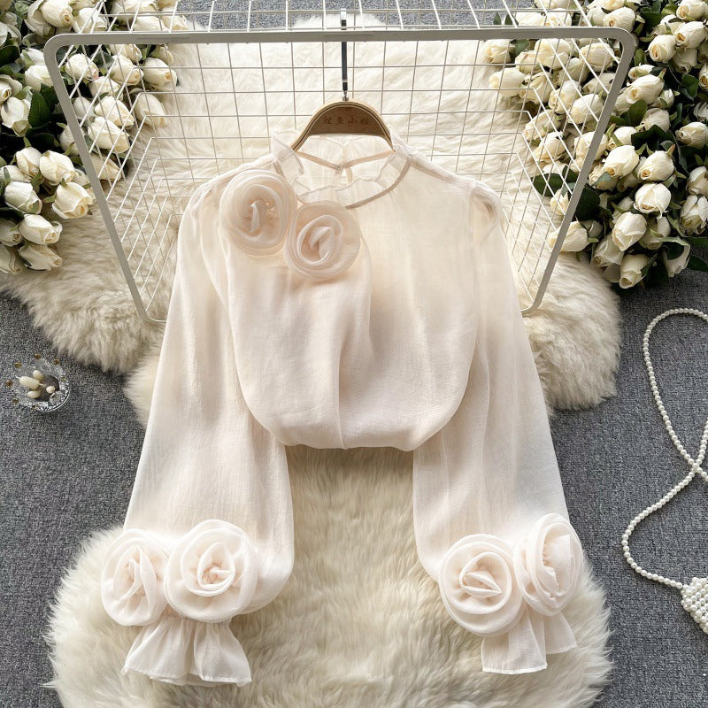 Designed 3D Flowers Chiffon Long Sleeves Shirts
