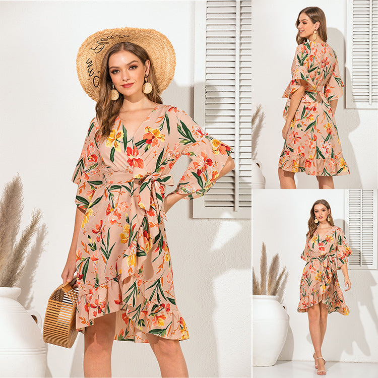 Casual V Neck Floral Print Ruffled Short Daily Dresses