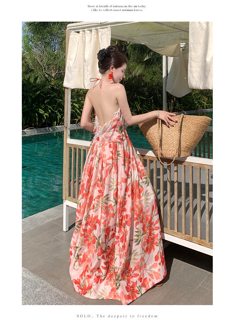 Lily Flower Winged Halter Backless Maxi Dress – Elegant Summer Vacation Gown