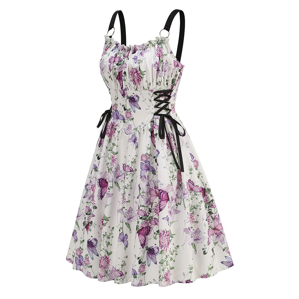 legant Floral Print O-Ring Strap Slimming Party Dress