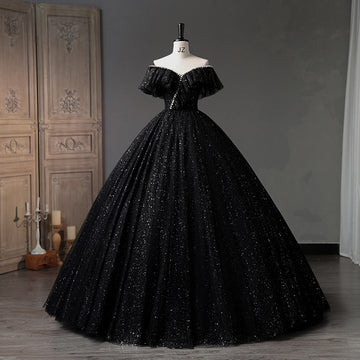 Elegant One-Shoulder Black Evening Gown with V-Neck