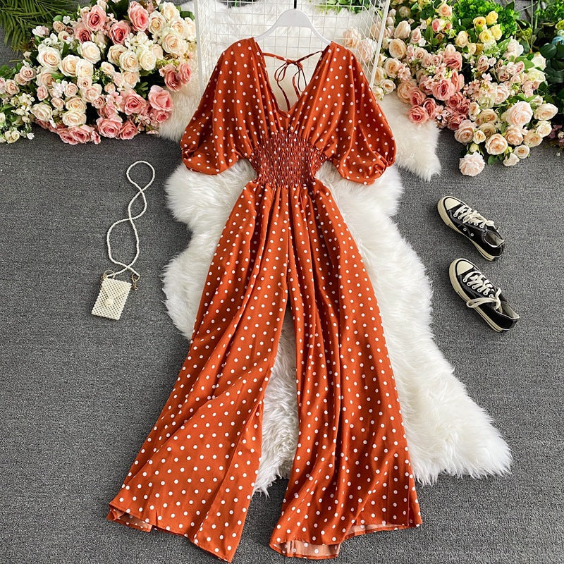 Women's Sexy V-Neck Batwing Sleeve Waist-Cinching Slimming Polka Dot Print Jumpsuit