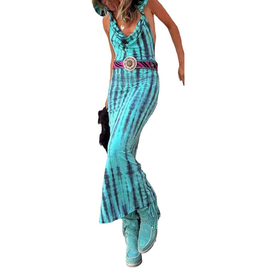 Women's Hooded Open-Back Printed Boho Dress