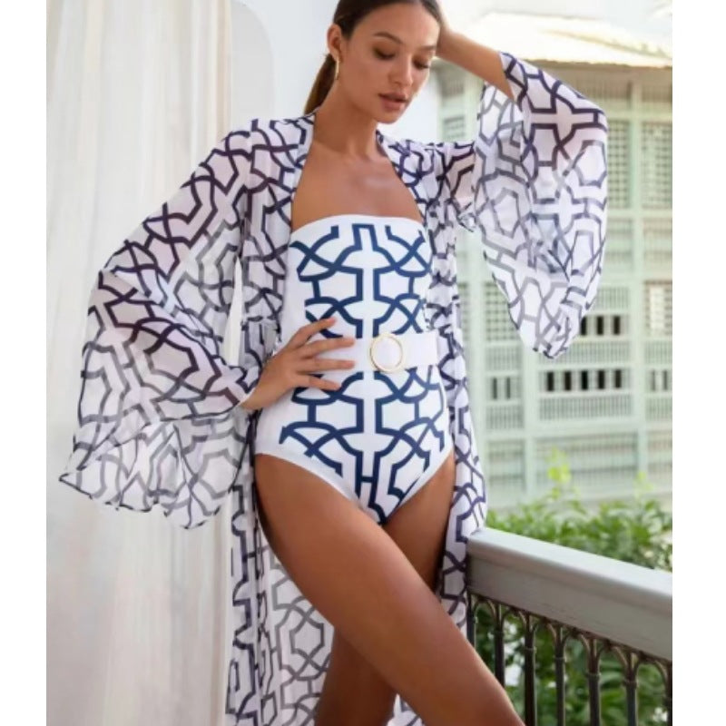 Women's Fashion Print One-Piece Swimsuit with Long Sleeve Cover-Up
