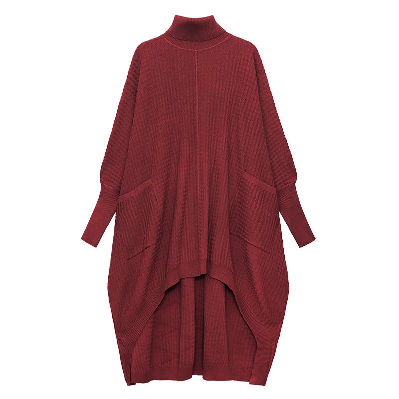 Women High Neck High Low Designed Knitted Long Cozy Dresses-Wine Red-One Size-Free Shipping at meselling99