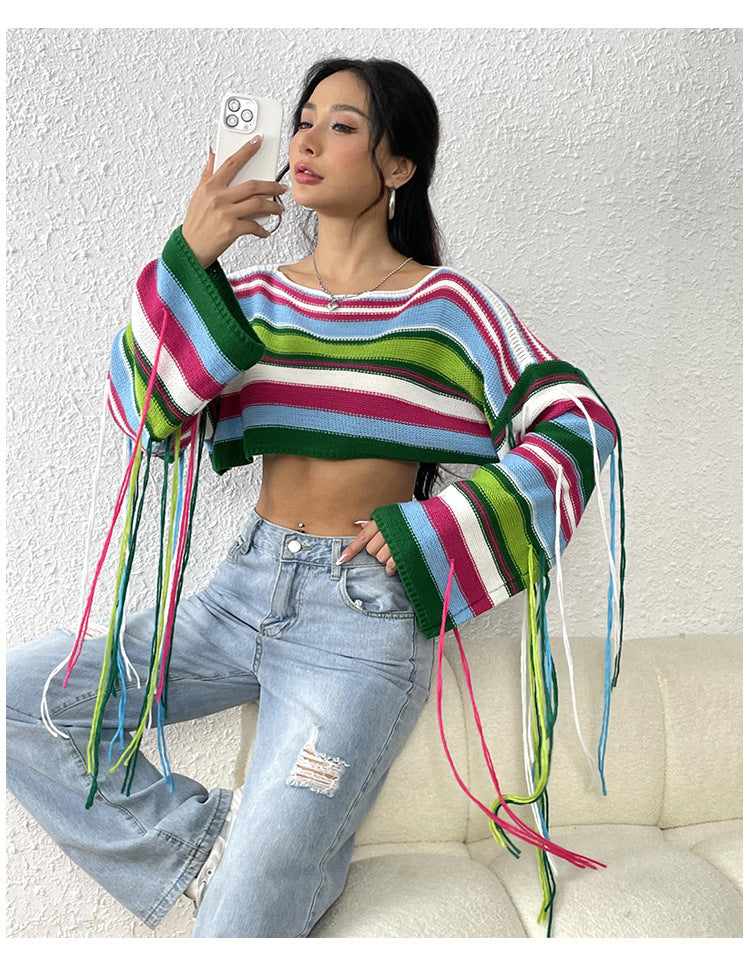 Sexy Rainbow Striped Tassels Short Knitted Blouses