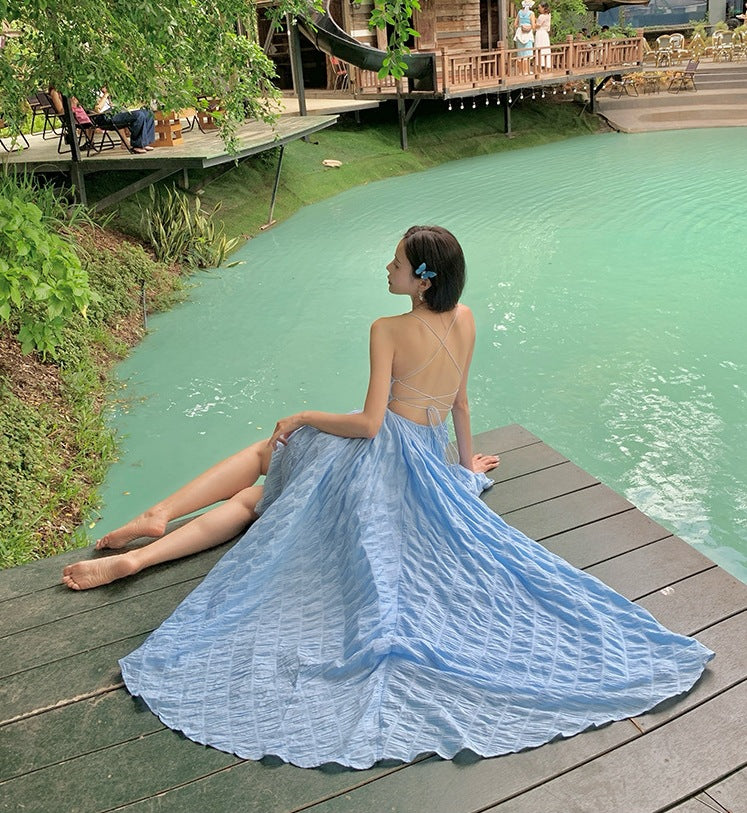 Summer Waves Blue Backless Maxi Dress