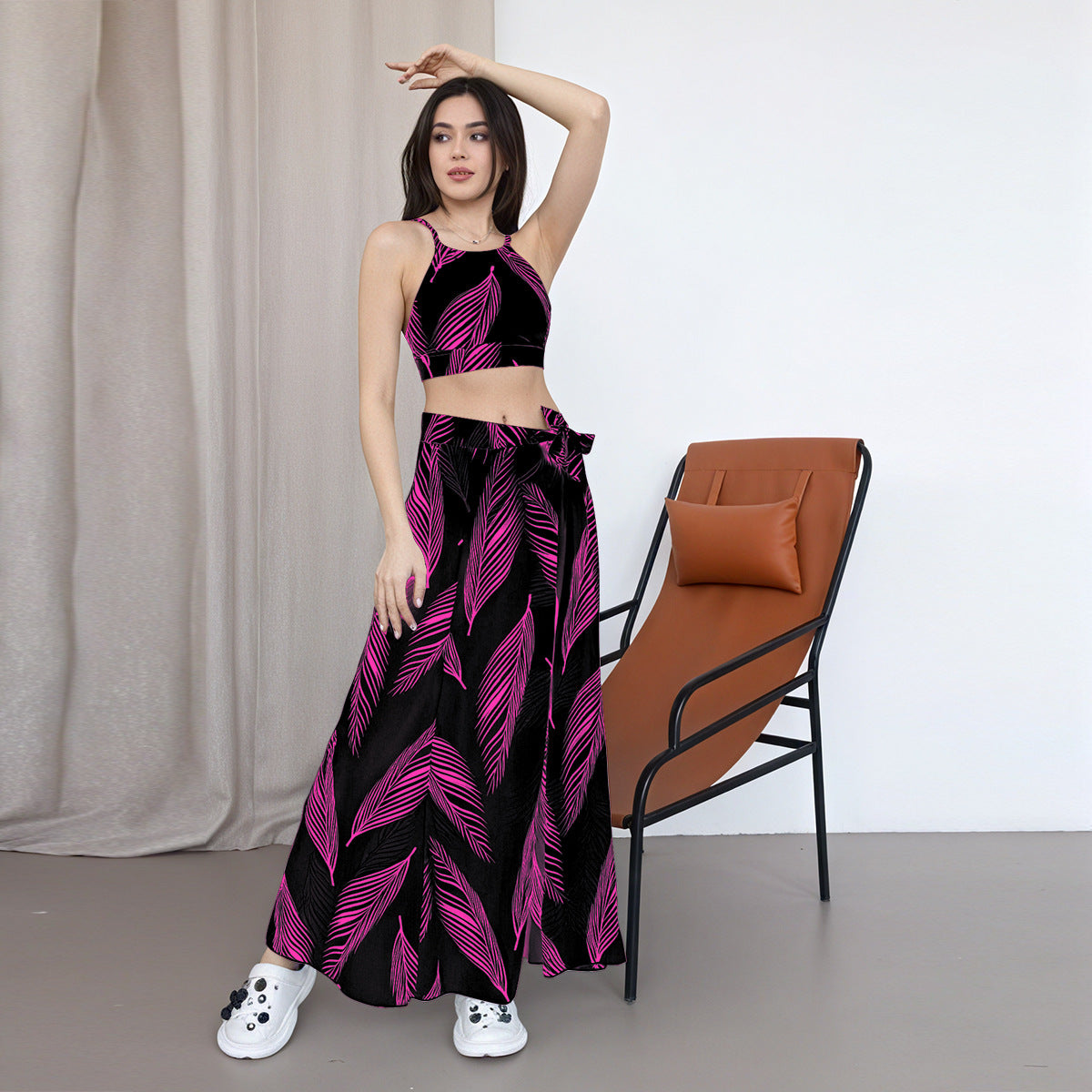 Women's Printed High-Waist Bikini Set with Sun Protection Cover-Up Skirt