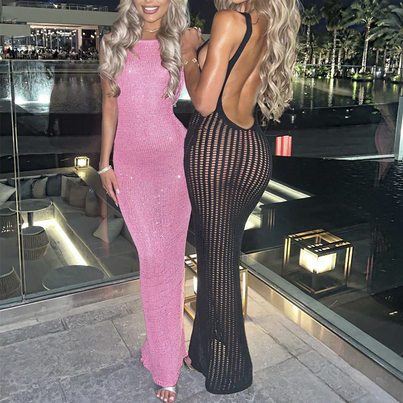 Women's Slim-Fit Backless Solid Color Breathable Beach Cover-Up Dress