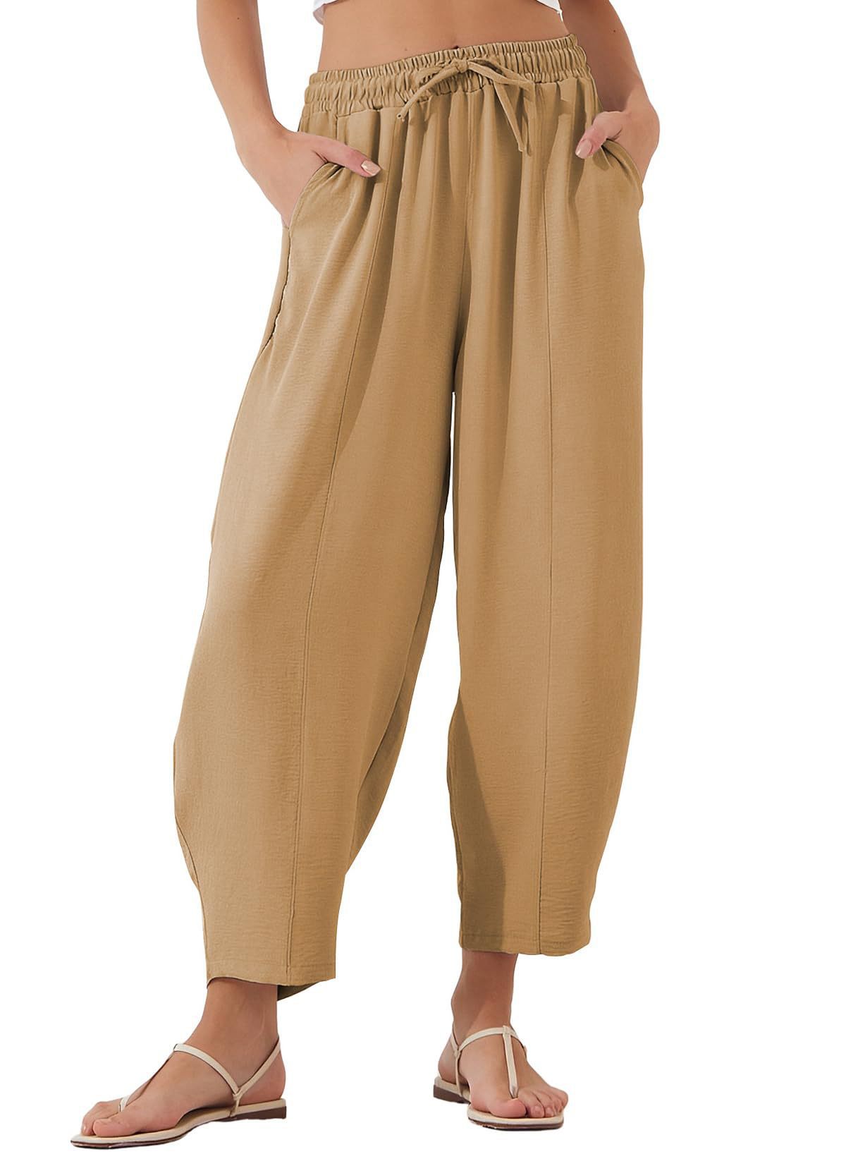 Women's Summer High-Waisted Loose Vacation Drawstring Casual Cropped Pants with Side Pockets