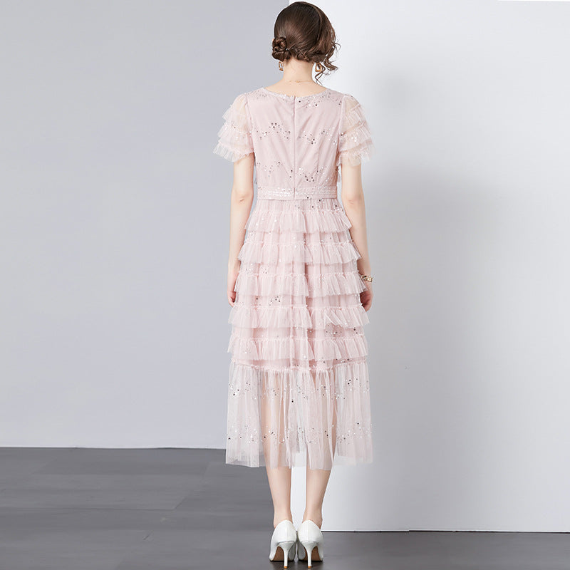 Luxury Square Neckline Net Sequined Long Party Dresses