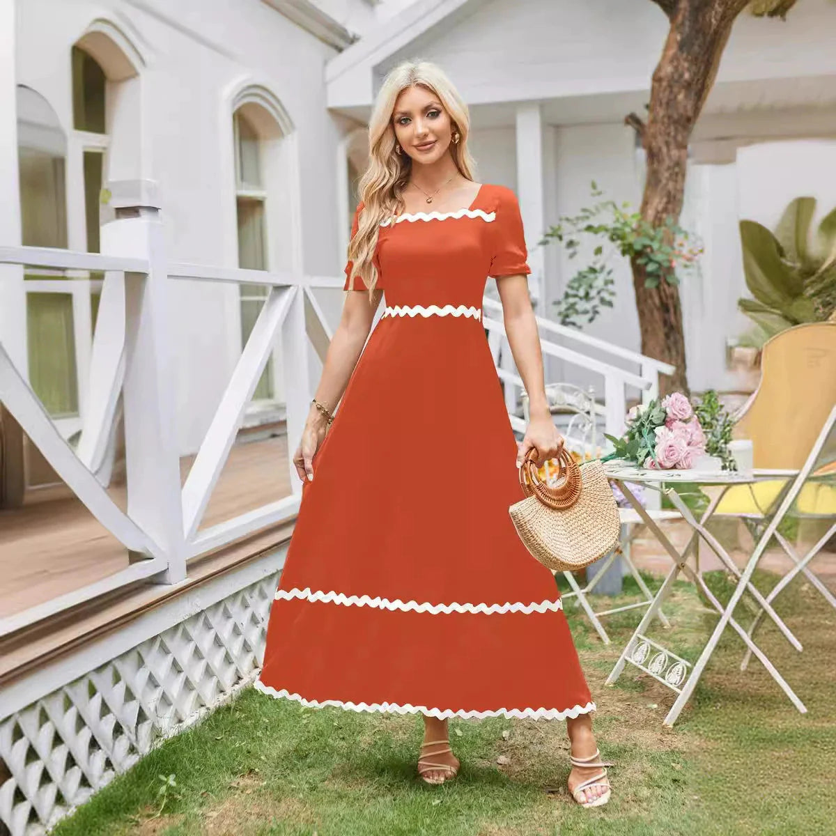 Square Neck Lace Back Shirred Puff Sleeve Dress