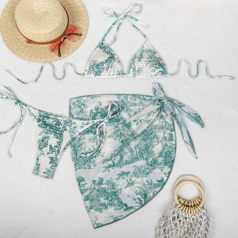 Print Bikini Three-Piece Set – Sheer Skirt Separates, Sexy Vacation Swimwear