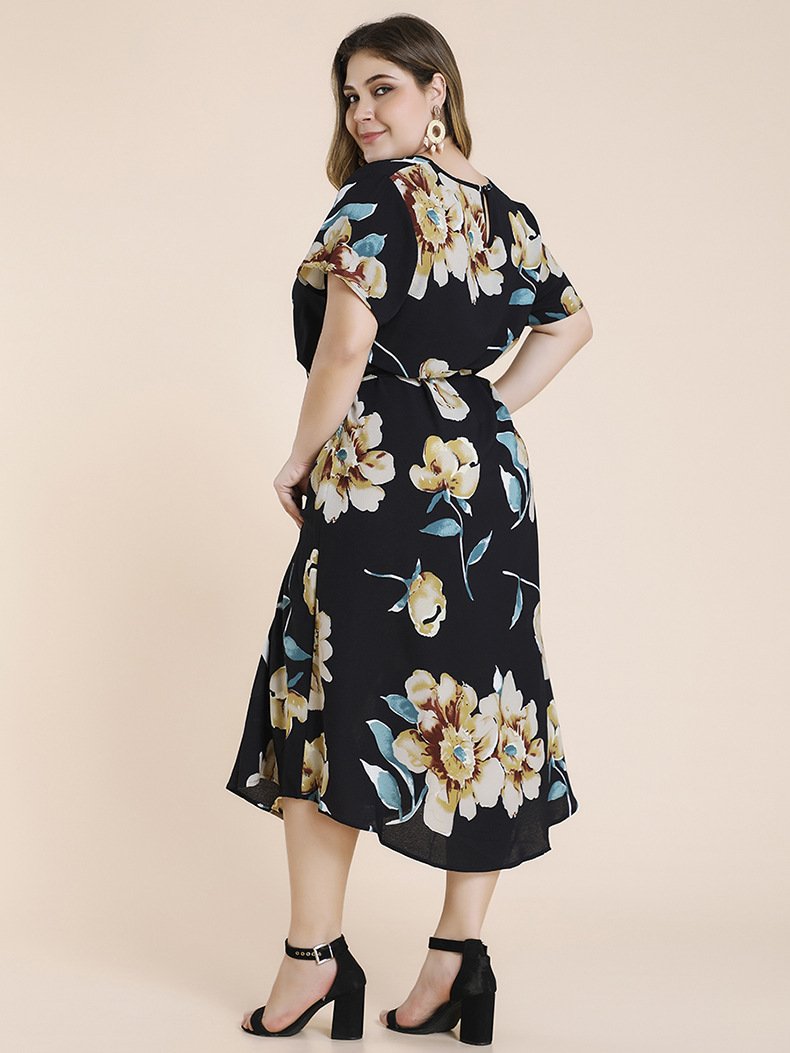 Women Plus Sizes Short Sleeves Foral Print Long Dresses-Plus Size Dresses-Free Shipping at meselling99