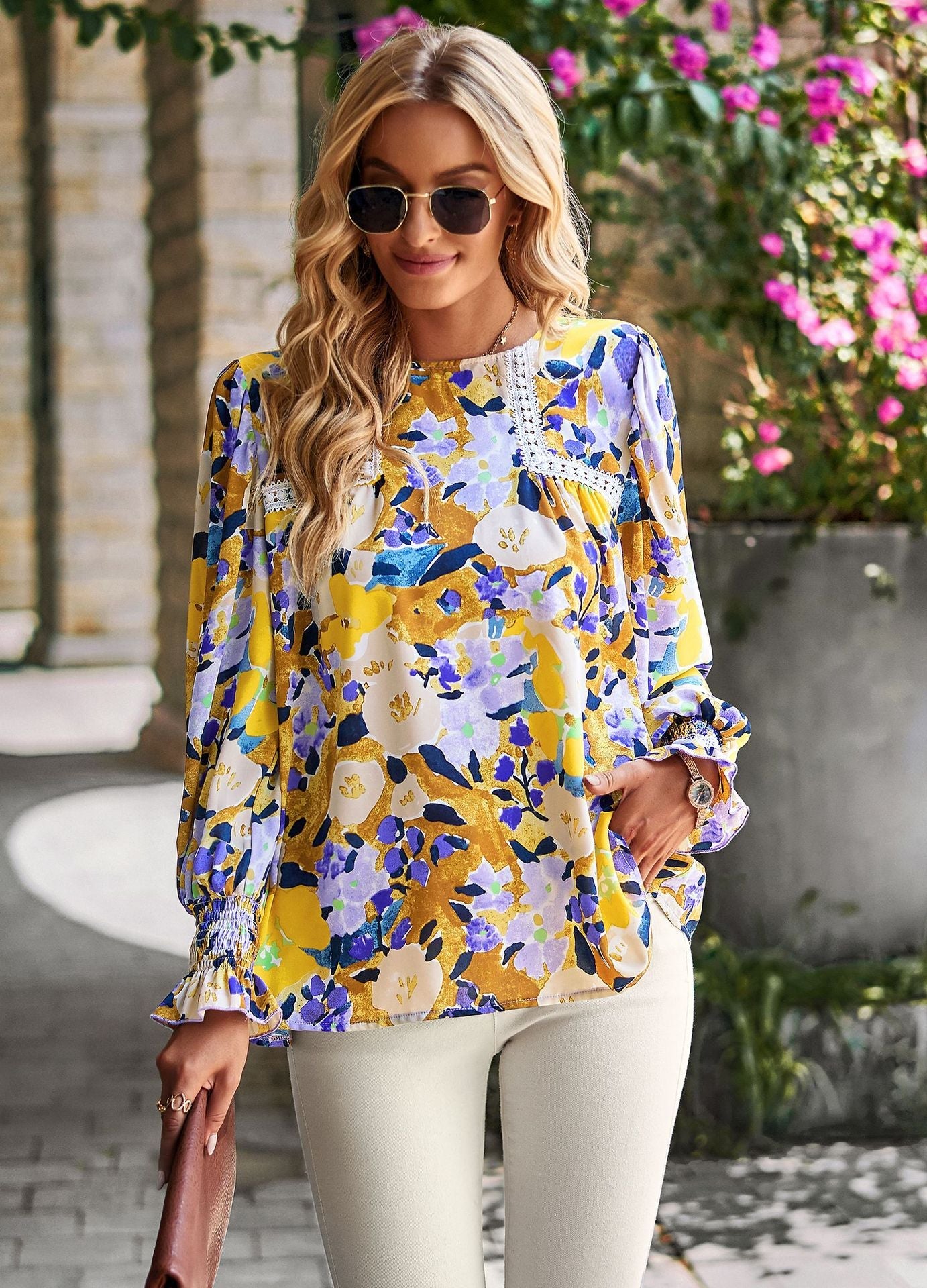 Elegant Floral Print Long Sleeves Blouses