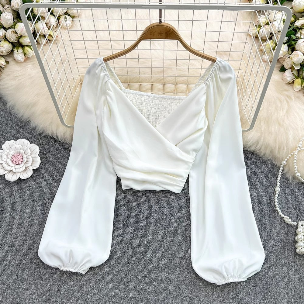 V-Neck Ruffle Bubble Sleeve Cropped Top