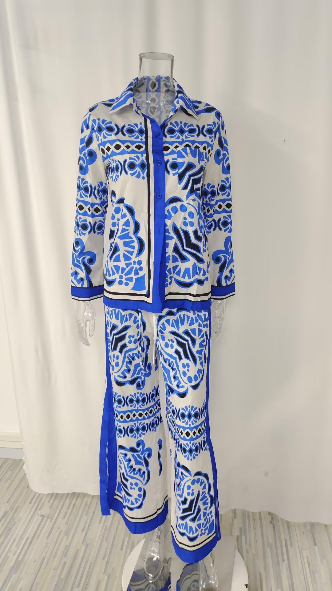 Printed Stand Collar Batwing Sleeve Loose Top with High-Waisted Wide-Leg Pant