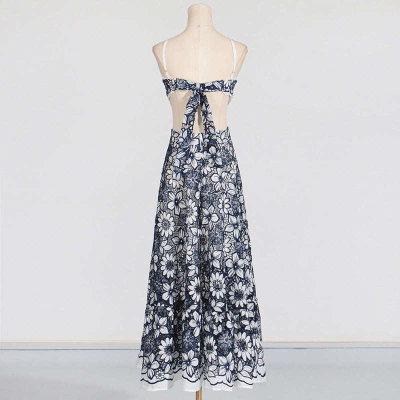 Designed Women's Sexy Vacation Print Dress - Halter Neck, Cutout Waist, Strappy Sundress