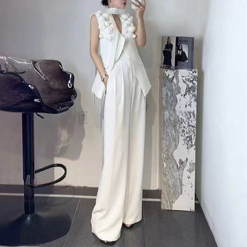 Designed Women's Fashion Floral Patchwork Sleeveless Tie-Front Vest & High-Waisted Wide-Leg Trousers Set