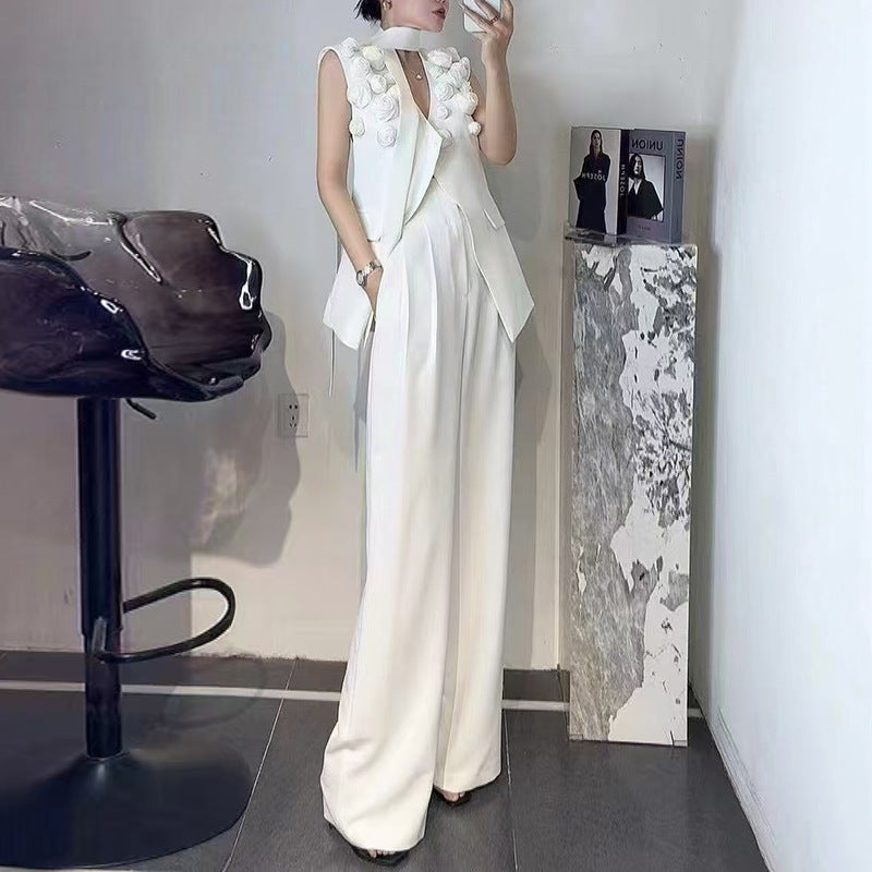 Designed Women's Fashion Floral Patchwork Sleeveless Tie-Front Vest & High-Waisted Wide-Leg Trousers Set