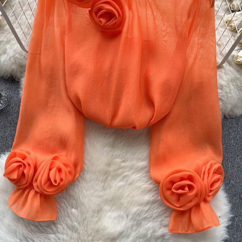 Designed 3D Flowers Chiffon Long Sleeves Shirts