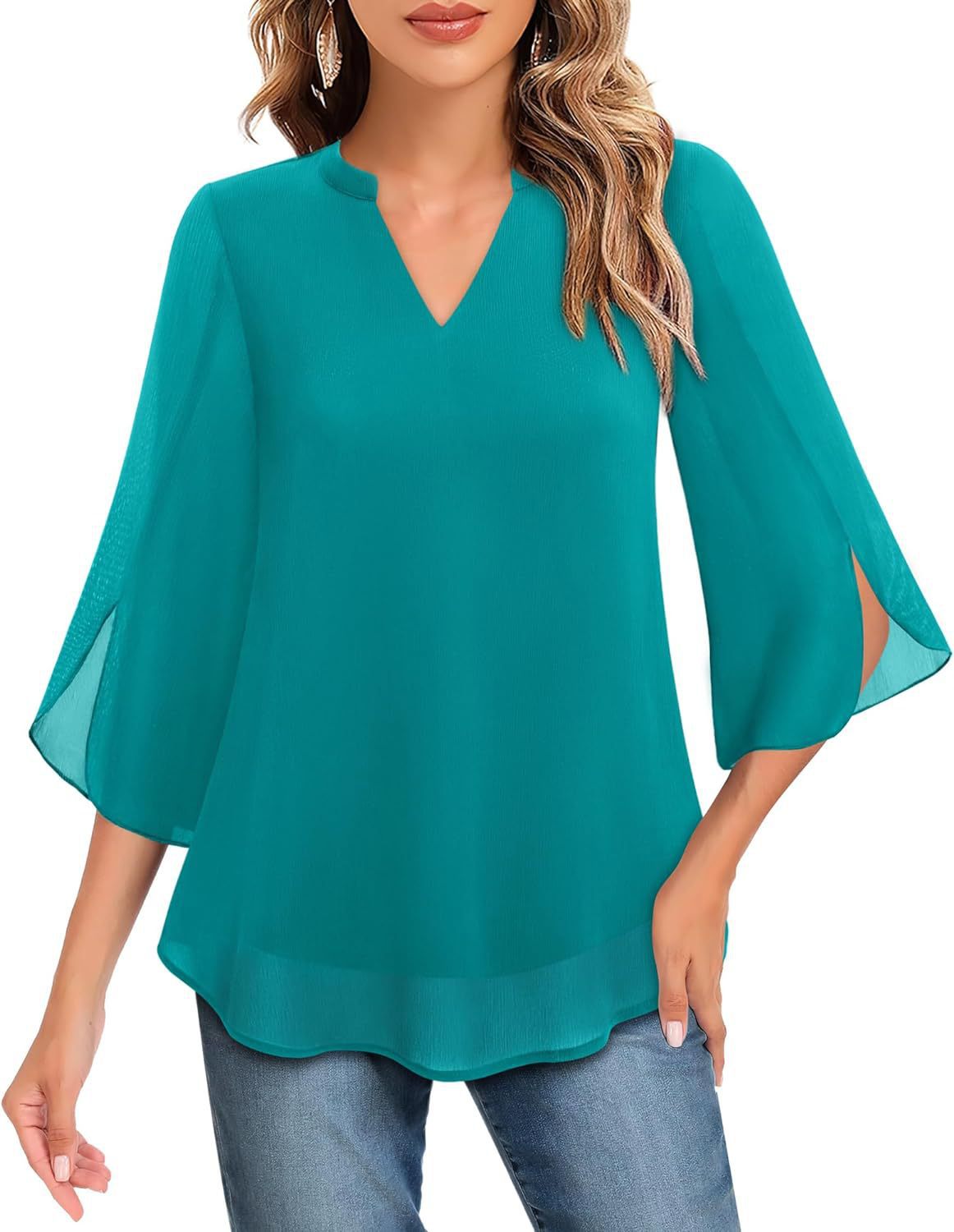Women's Flowy V-Neck Chiffon Blouse with Petal Sleeves