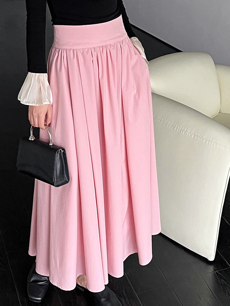 Elegant Pink Midi Skirt – Flowy A-Line Pleated Skirt with High Waist