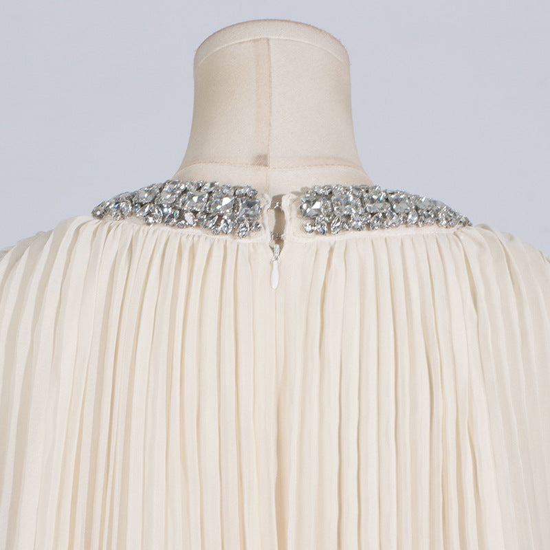 Elegant Round Neck Rhinestone Ostrich Feather Long Sleeve Ruffle Dress