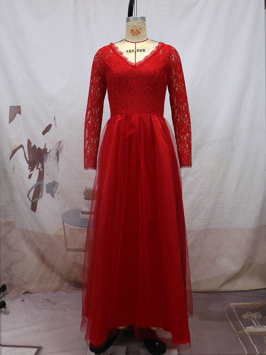 Elegant Long Sleeves Red Lace Evening Dresses-Dresses-Free Shipping at meselling99
