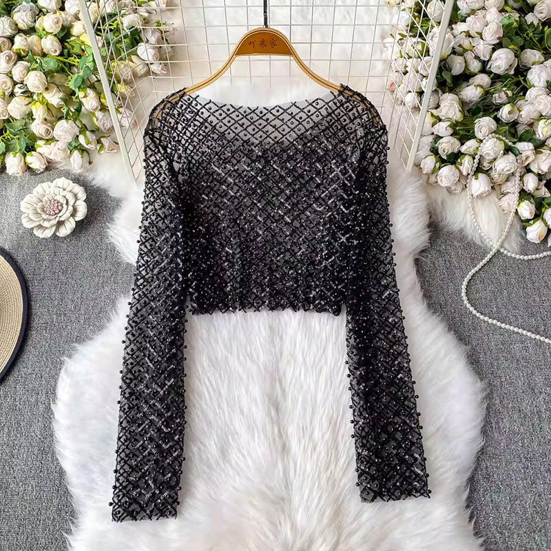 Sequin Beaded Round Neck Long Sleeve Cropped Top