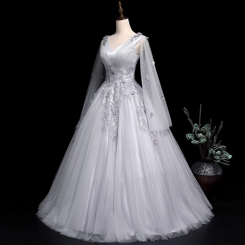 Gray V Neck Plus Sizes Ball Gown Gray Evening Dresses