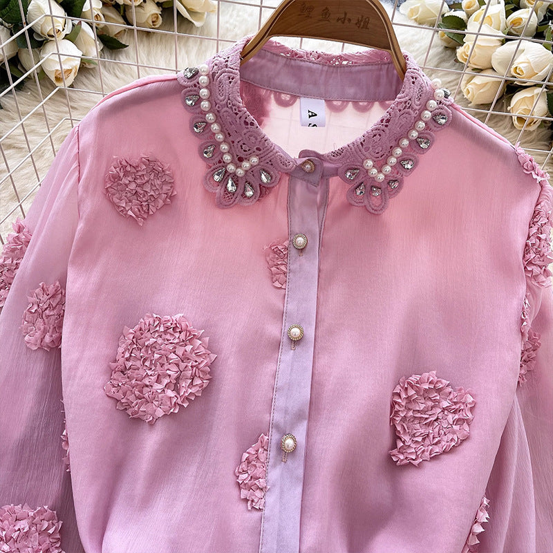 Beaded 3D Floral Mesh Shirt
