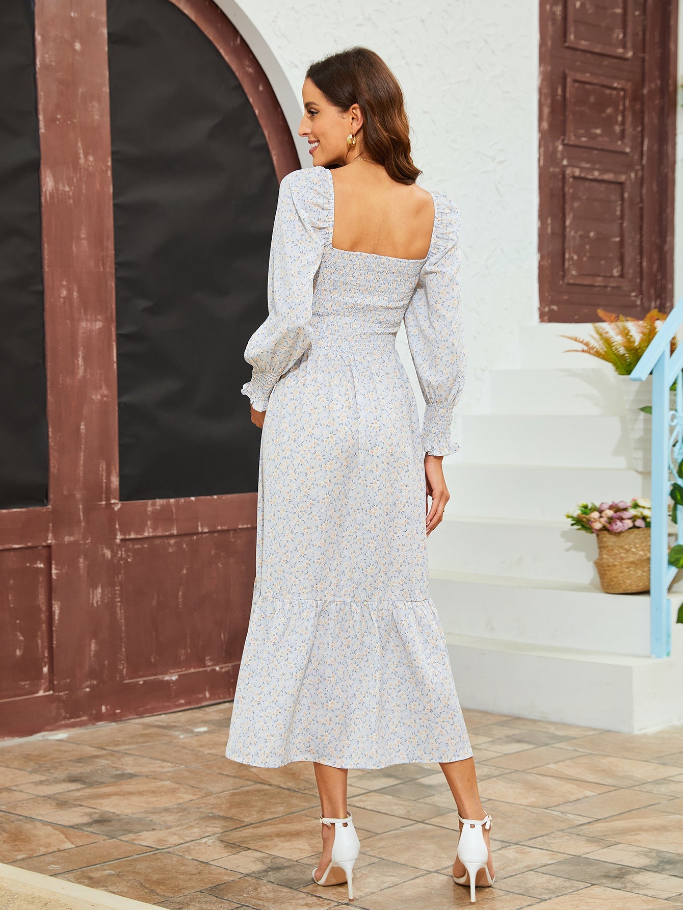 Women's Floral Print Square Neck Chiffon Dress