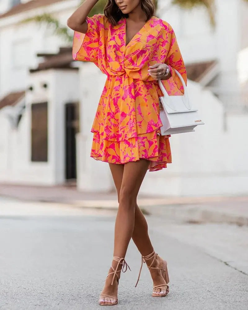 Casual V Neck Bat Sleeves Short Dresses