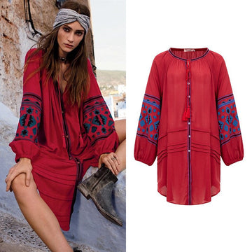 Bohemian Ethnic Embroidered Loose Front Button Dress
