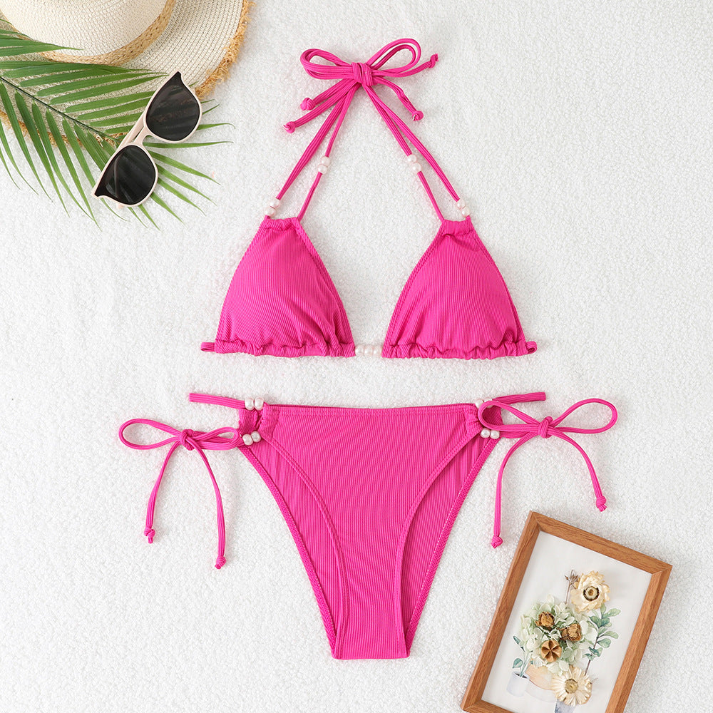 Pearl Strap Hollow-Out Bikini Set – Sexy Three-Piece Women's Swimwear