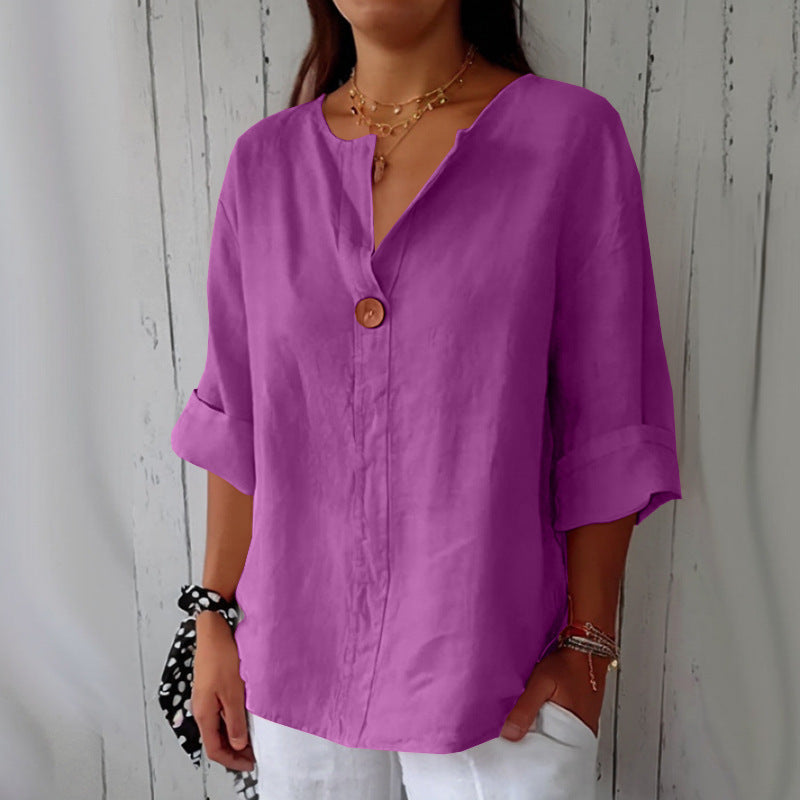 Women's Summer Loose-Fit V-Neck Cotton Linen Button-Up T-Shirt