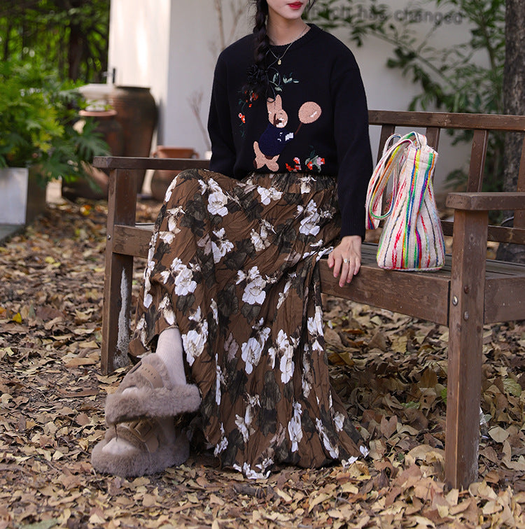 Vintage Watercolor Rose Print Maxi Skirt