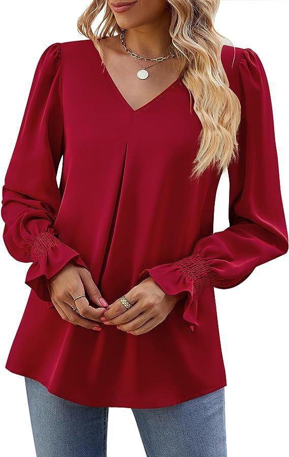 Women's Solid Color Chiffon V-Neck Bell Sleeve Blouse