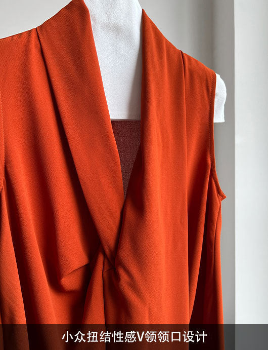 Women's V-Neck Sleeveless Twist Knot Long Dress-Pumpkin color-M-Free Shipping Leatheretro