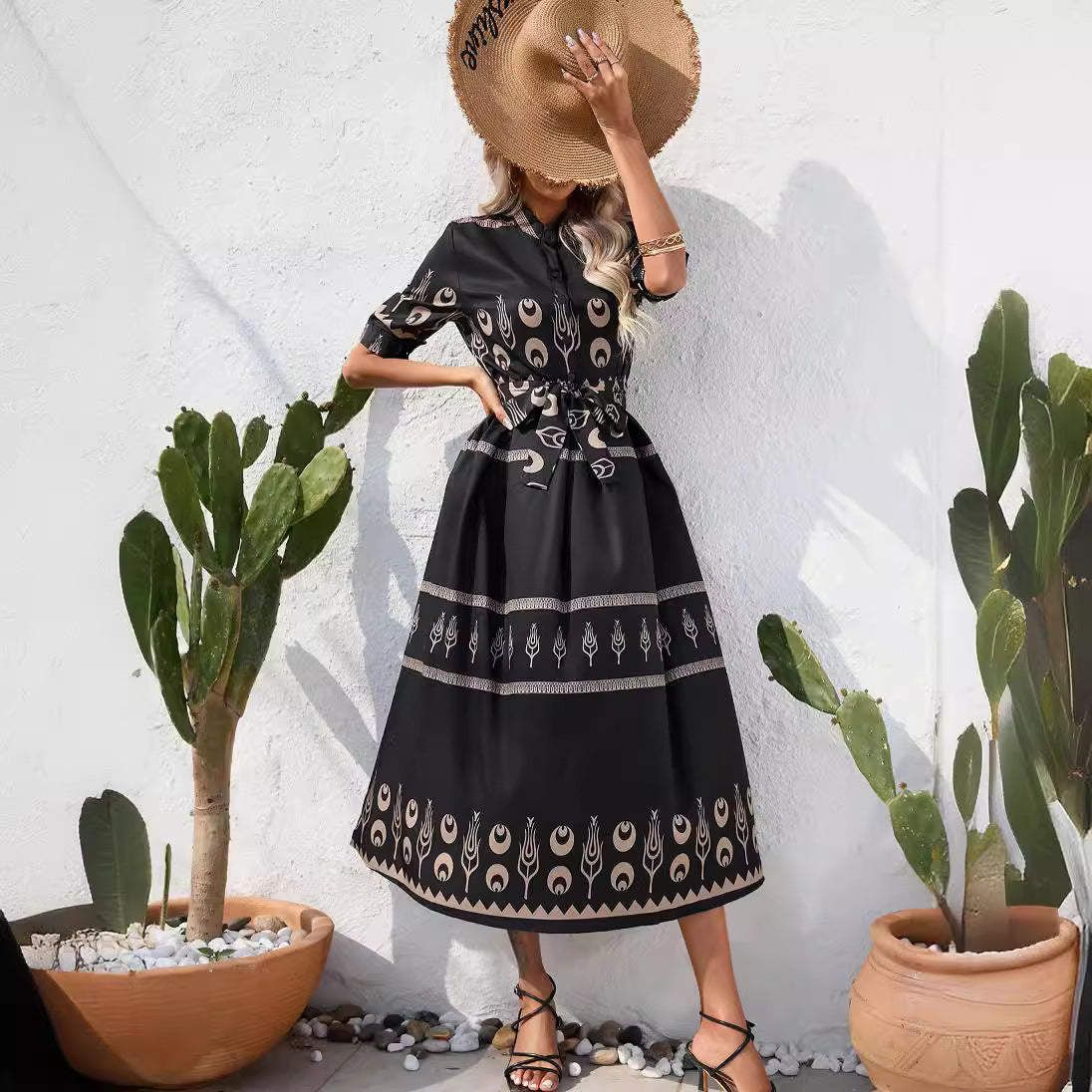 Women's Summer Boho Floral Print Short Sleeve Dress