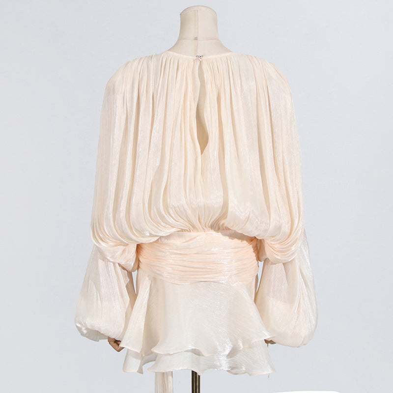 Designed Sweet Style Beach Dress – Loose Fit Long Sleeve Wrap Belt Waist Mini Dress