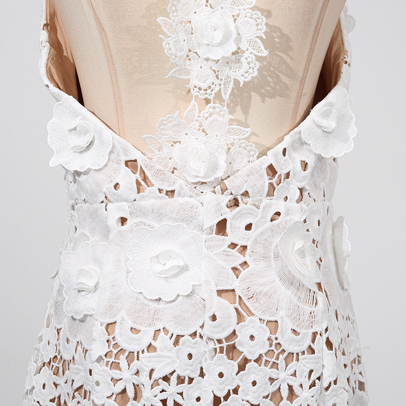 Retro Embroidery Backless Lace Panel Halter Maxi Dress