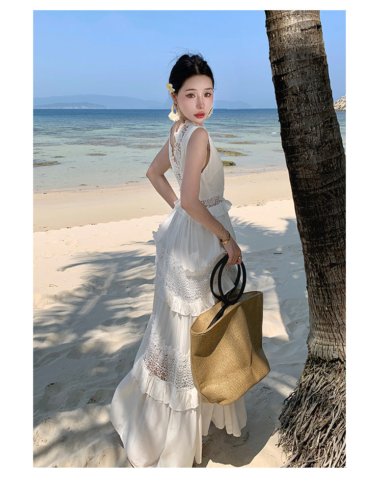 White Lace Cutout Dress -  Boho Summer Sundress for Vacations