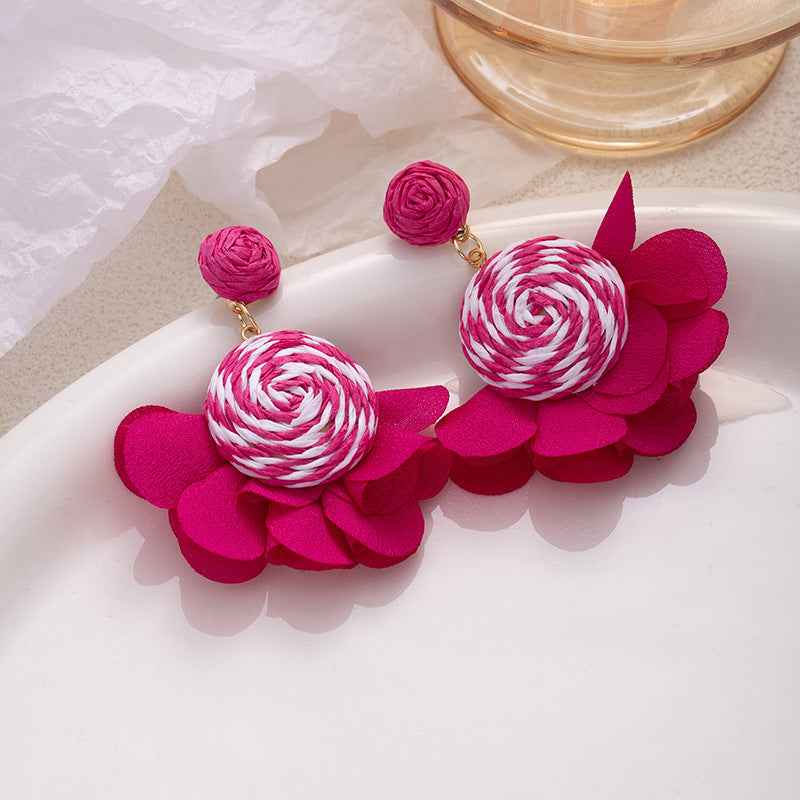 Beach Boho Raffia Flower Hook Earrings
